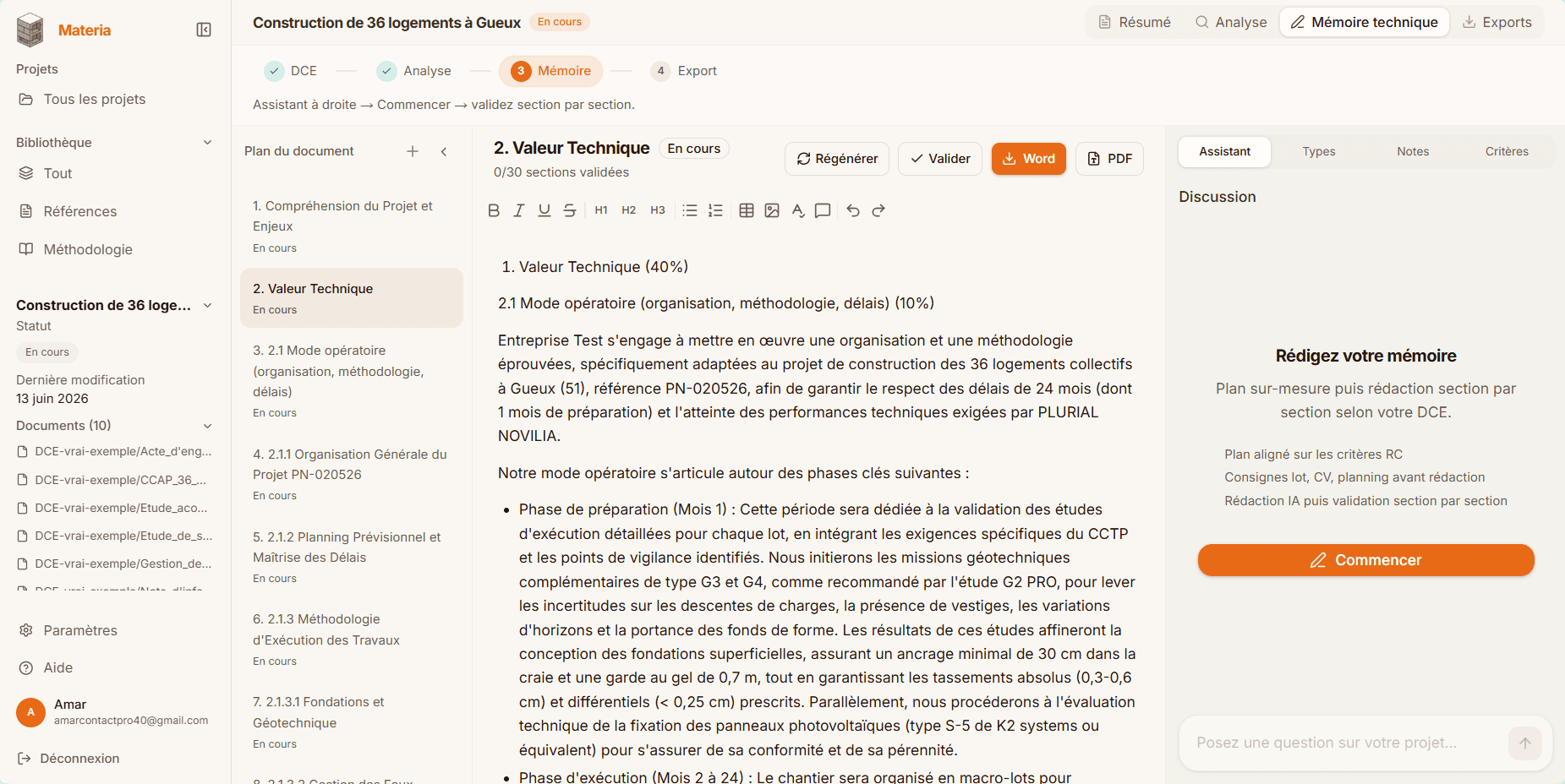 Plan et rédaction du mémoire technique dans Materia