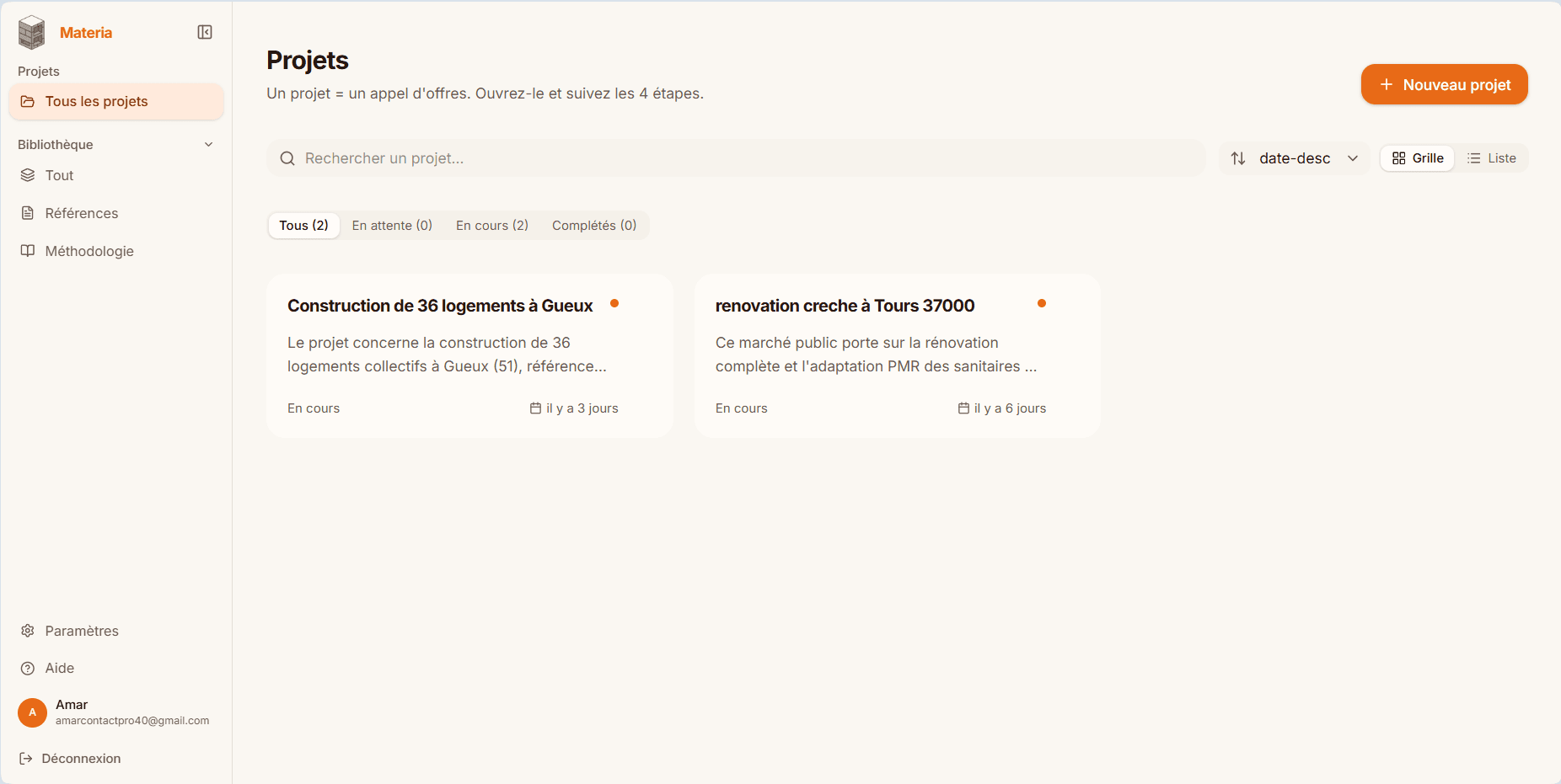 Capture d'écran de l'application Materia — page Projets